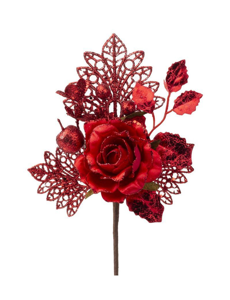 Vetvička s ružou, červená, 25,5cm, 6 ks