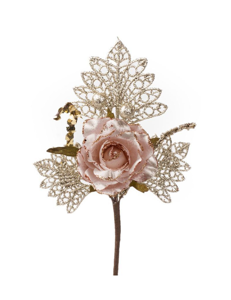 Vetvička s ružou, ružovo - zlatá, 26cm, 6 ks
