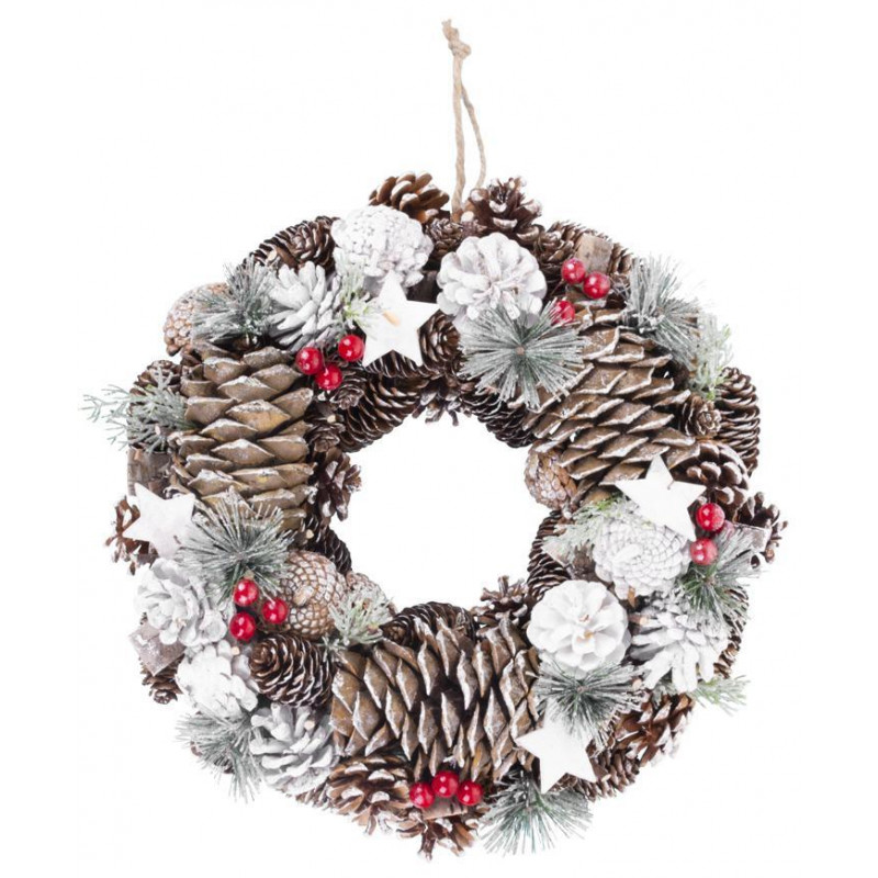 Veniec MagicHome Vianoce, prírodný, s bielymi šiškami, závesný, 37x9x37 cm