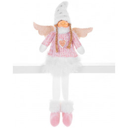 Postavička MagicHome Vianoce, Anjelik s bielou krátkou sukňou, látkový, ružovo-biely, 23x12x59 cm