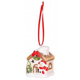 Dekorácia MagicHome Vianoce, Domček so snehuliakom, LED, terakota, závesný, 5,8x5x7 cm