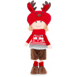Dekorácia MagicHome Vianoce, Chlapec s červeno-sivou čiapkou, 42 cm