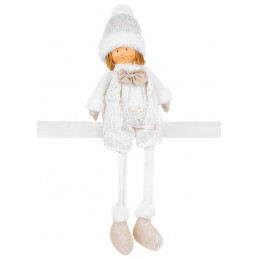 Postavička MagicHome Vianoce, Chlapček v bielej čiapke s dlhými nohami, bielo-zlatý, látkový, 15x10x45 cm
