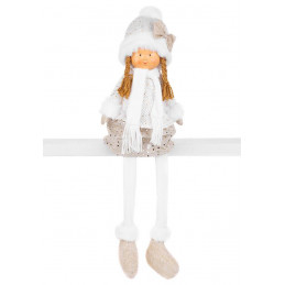 Postavička MagicHome Vianoce, Dievčatko v bielej čiapke s dlhými nohami, bielo-zlaté, látkové, 15x10x45 cm