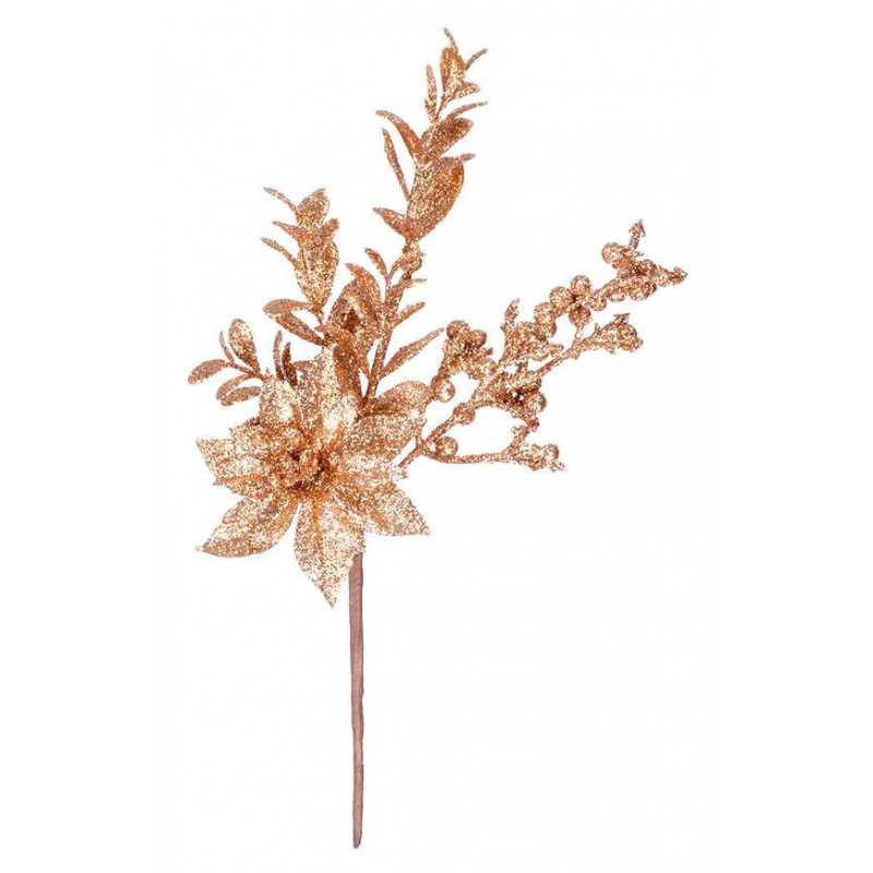 Vetvička MagicHome Vianoce, s kvetom poinsettia a bobuľkami, zlatá, 24 cm. bal. 6 ks