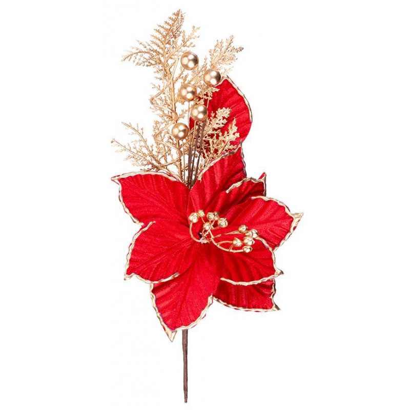 Kvet MagicHome Vianoce, Poinssetia, červený so zlatým lemovaním, stonka, 31 cm