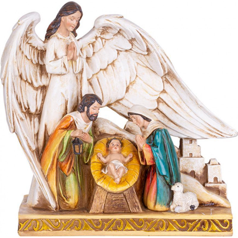 Dekorácia MagicHome Vianoce, Svätá rodinka pod krídlami anjela, polyresin, 21,5 cm