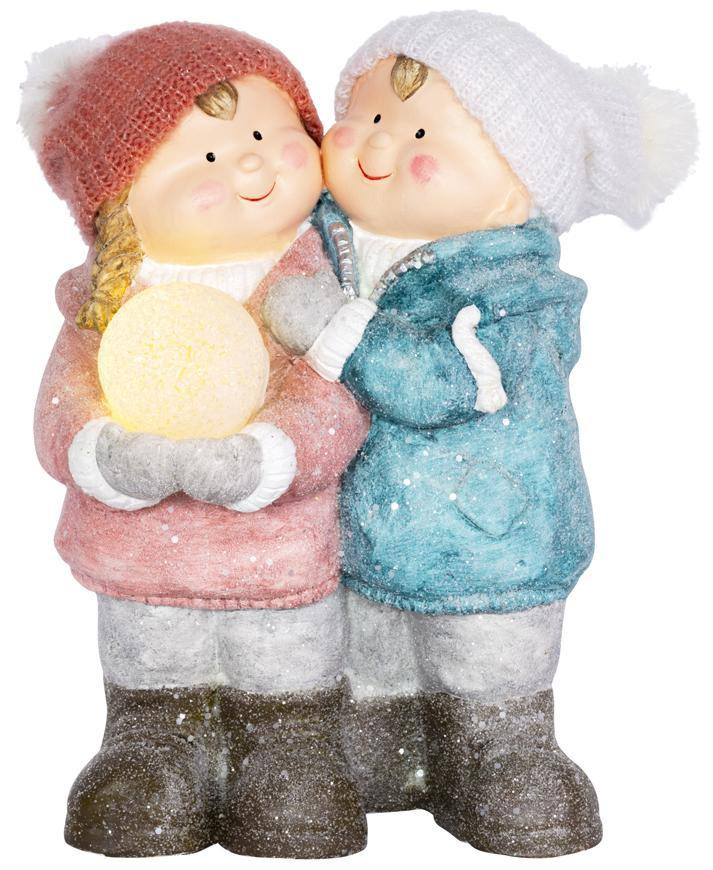 MagicHome Vianoce Postavička MagicHome Vianoce, Chlapček a dievčatko so snehovou guľou, 1 LED, keramika, 27,5x23x40 cm